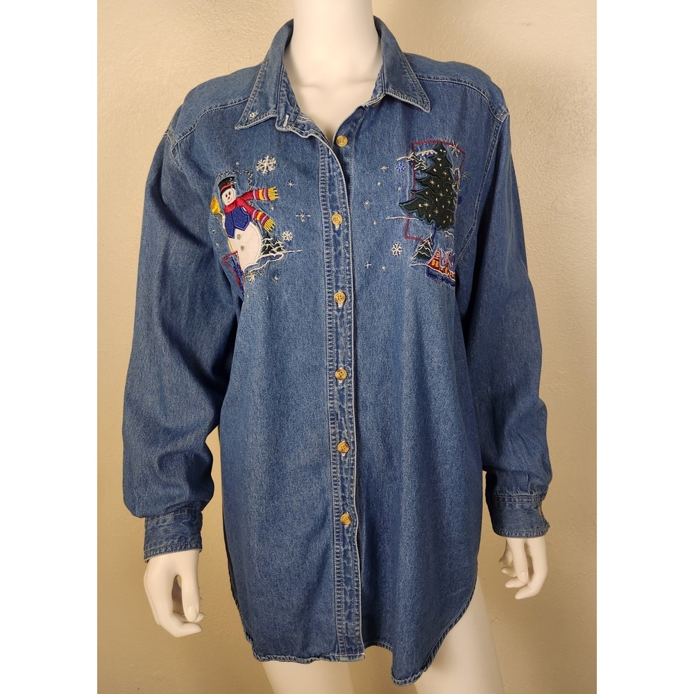 Bobbie Brooks Holiday Embroidered Denim Button‑Up Shirt Women's XL